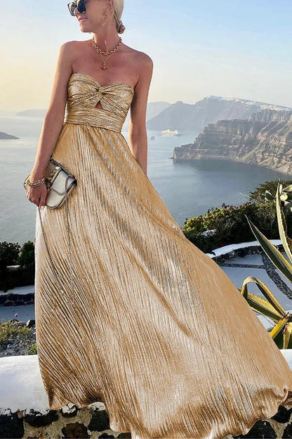 Theodora | Vestido Comprido Glam Brilhante Plissado Sem Alças Nó Noite