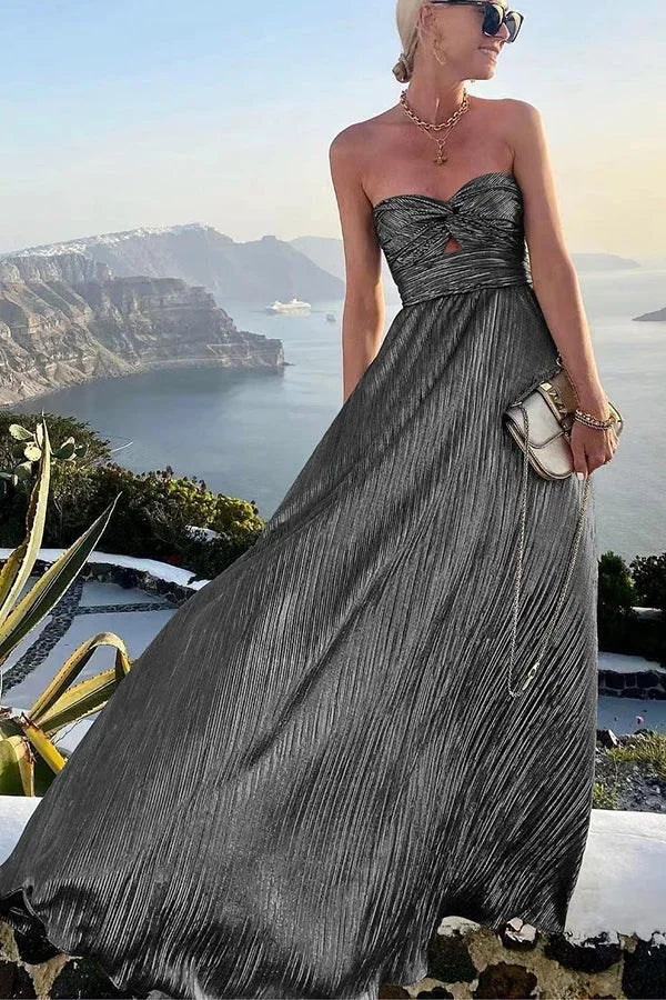 Theodora | Vestido Comprido Glam Brilhante Plissado Sem Alças Nó Noite