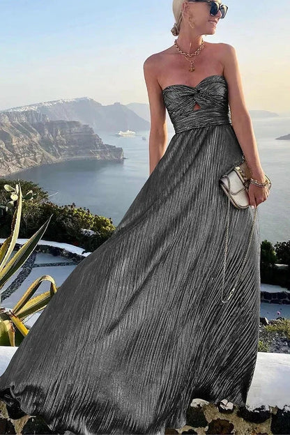 Theodora | Vestido Comprido Glam Brilhante Plissado Sem Alças Nó Noite
