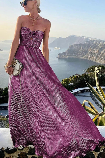 Theodora | Vestido Comprido Glam Brilhante Plissado Sem Alças Nó Noite