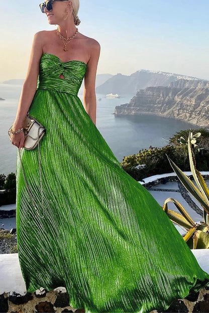 Theodora | Vestido Comprido Glam Brilhante Plissado Sem Alças Nó Noite