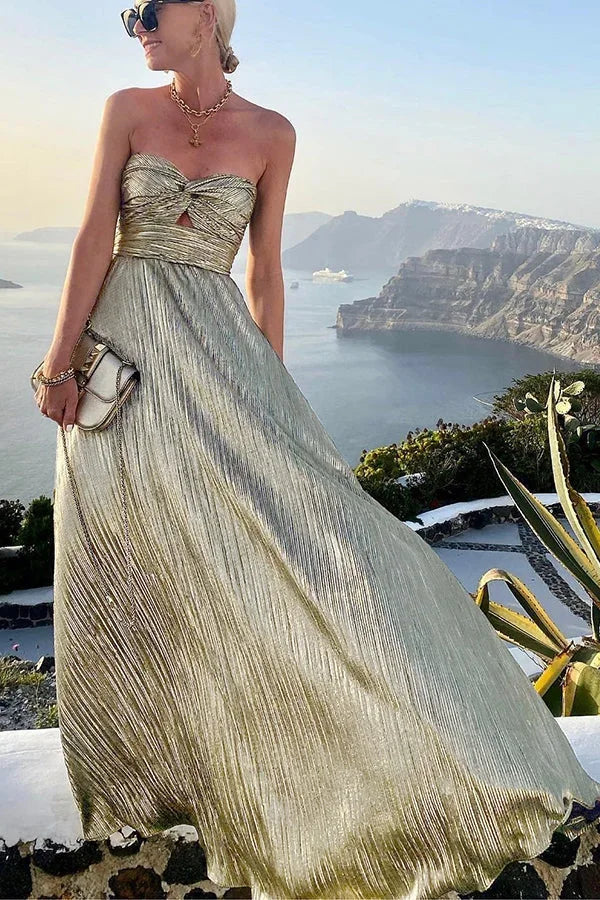 Theodora | Vestido Comprido Glam Brilhante Plissado Sem Alças Nó Noite