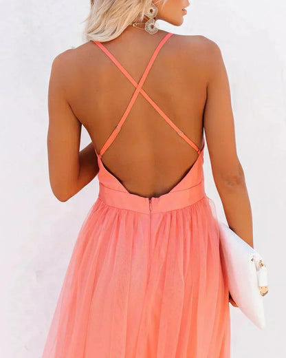 Damiana | Vestido Comprido Etéreo em Tule Decote em V Costas Decotadas Fluido Noite