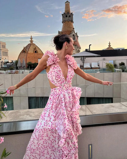 Citania | Vestido Comprido Floral Sem Mangas Decote em V Romântico Verão