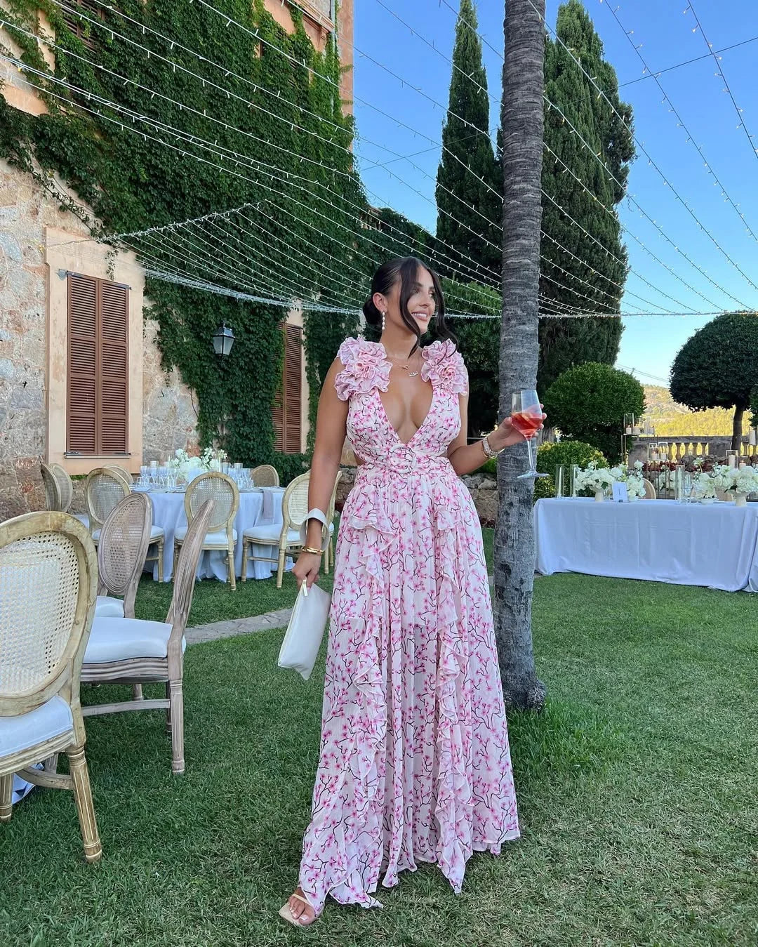 Citania | Vestido Comprido Floral Sem Mangas Decote em V Romântico Verão