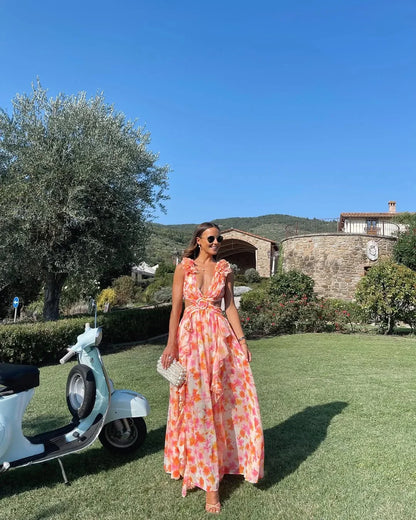 Citania | Vestido Comprido Floral Sem Mangas Decote em V Romântico Verão