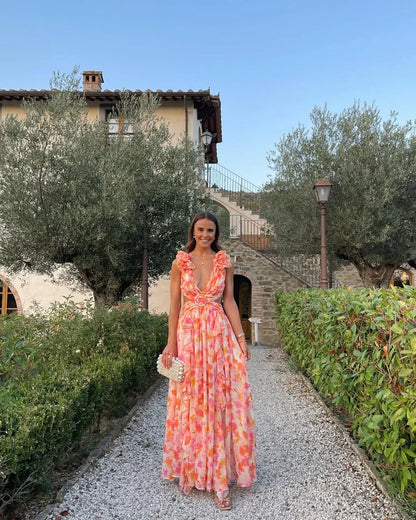 Citania | Vestido Comprido Floral Sem Mangas Decote em V Romântico Verão
