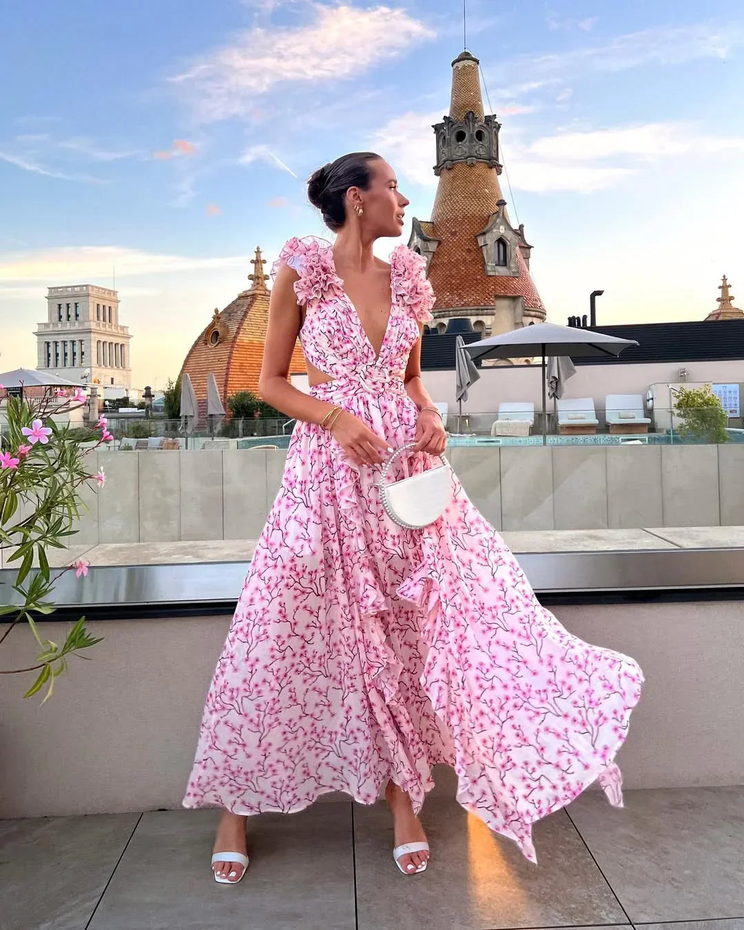 Citania | Vestido Comprido Floral Sem Mangas Decote em V Romântico Verão