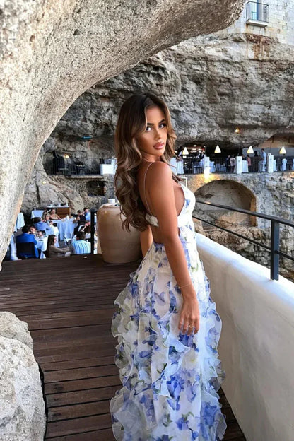 Lavinia | Vestido Comprido Boho com Folhos em Camadas Racha Fluido Praia Verão