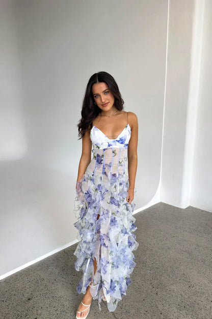 Lavinia | Vestido Comprido Boho com Folhos em Camadas Racha Fluido Praia Verão