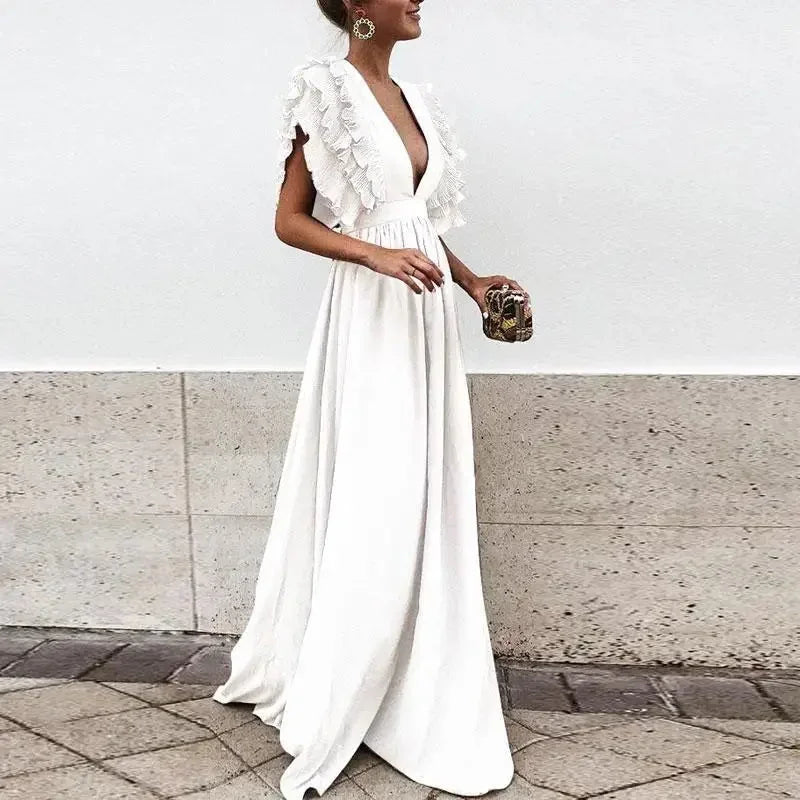 Dorelia | Vestido Comprido Fluido em Chiffon Decote em V Manga com Folhos Verão