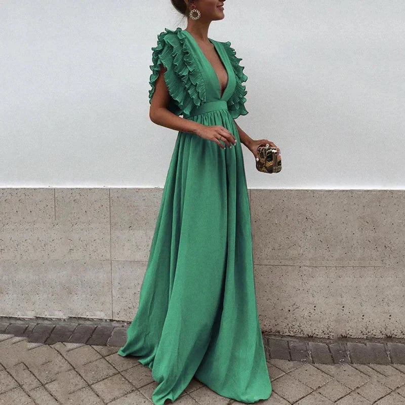 Dorelia | Vestido Comprido Fluido em Chiffon Decote em V Manga com Folhos Verão