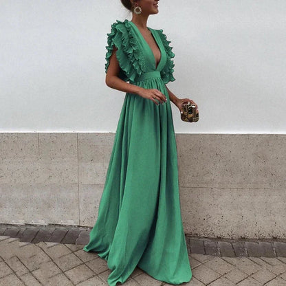 Dorelia | Vestido Comprido Fluido em Chiffon Decote em V Manga com Folhos Verão