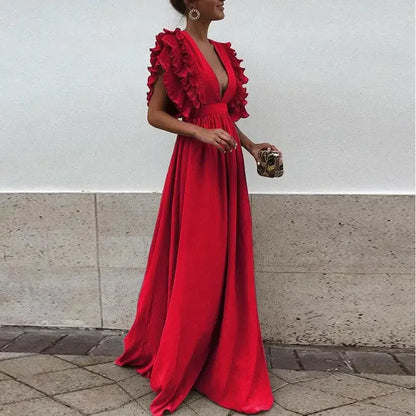 Dorelia | Vestido Comprido Fluido em Chiffon Decote em V Manga com Folhos Verão