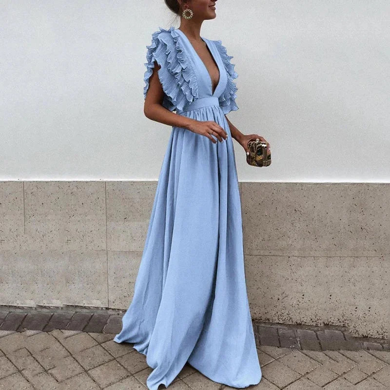 Dorelia | Vestido Comprido Fluido em Chiffon Decote em V Manga com Folhos Verão