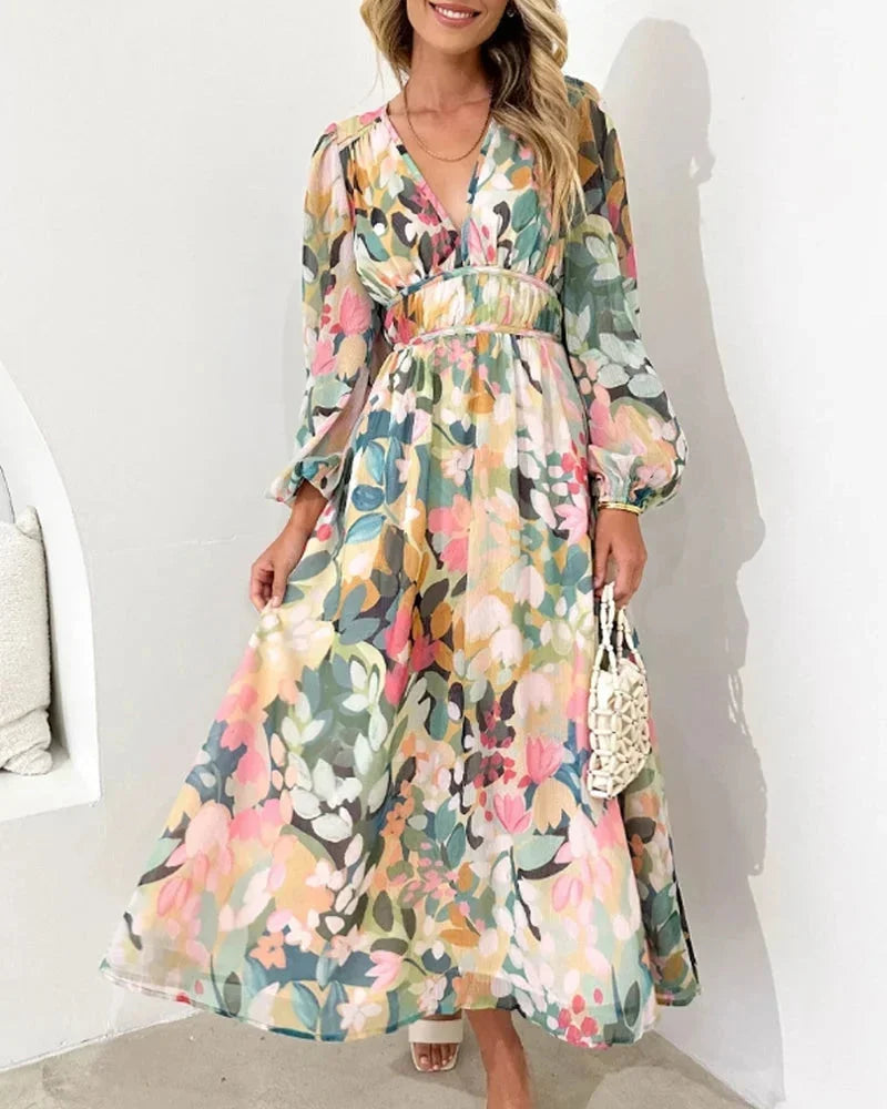 Brenta | Vestido Comprido Boho em Chiffon Floral Decote em V Manga Comprida Primavera