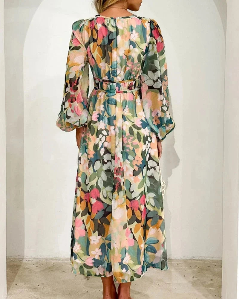 Brenta | Vestido Comprido Boho em Chiffon Floral Decote em V Manga Comprida Primavera