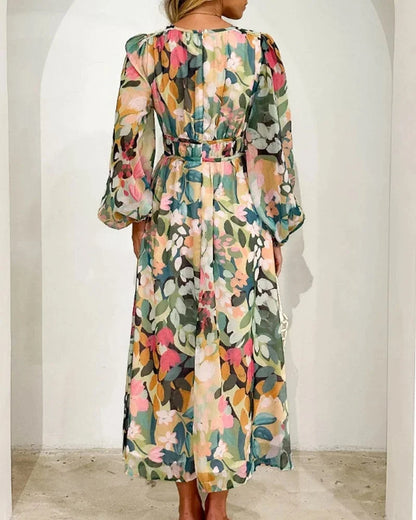 Brenta | Vestido Comprido Boho em Chiffon Floral Decote em V Manga Comprida Primavera