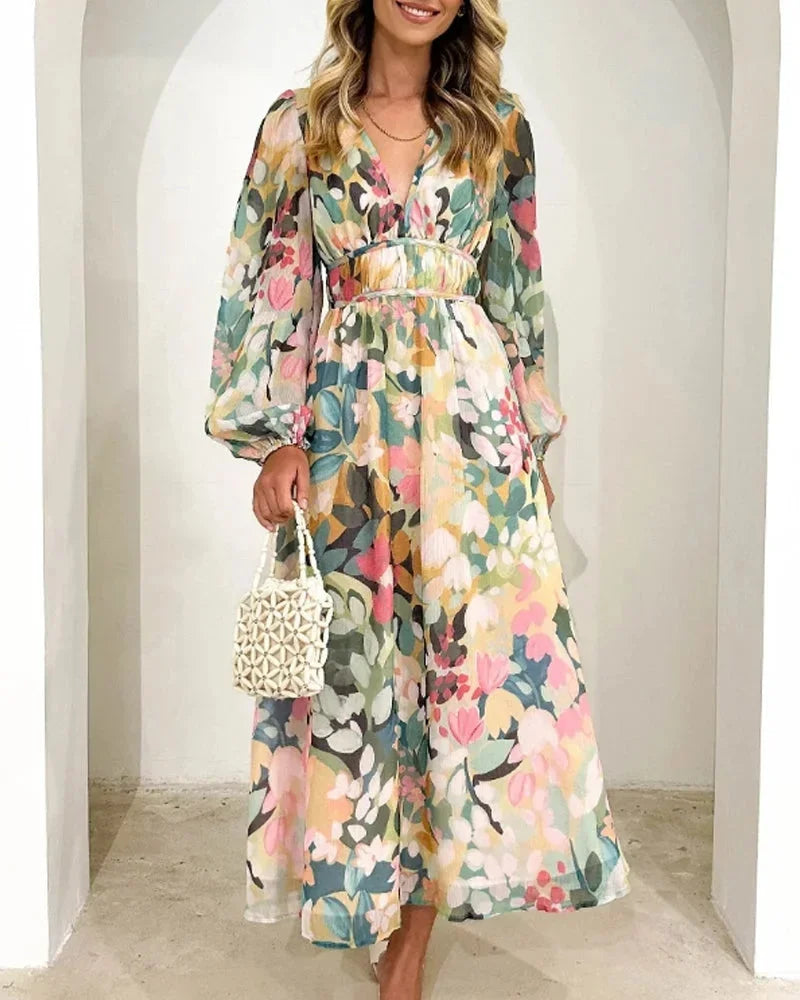 Brenta | Vestido Comprido Boho em Chiffon Floral Decote em V Manga Comprida Primavera