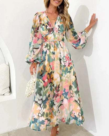 Brenta | Vestido Comprido Boho em Chiffon Floral Decote em V Manga Comprida Primavera