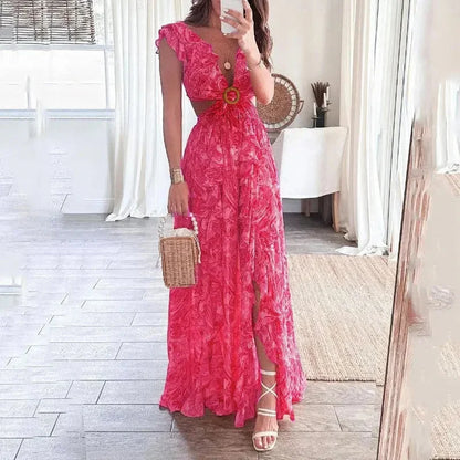 Ginevra | Vestido Comprido Floral Decote em V Recortes Manga Curta Verão