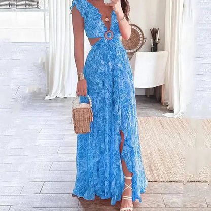 Ginevra | Vestido Comprido Floral Decote em V Recortes Manga Curta Verão