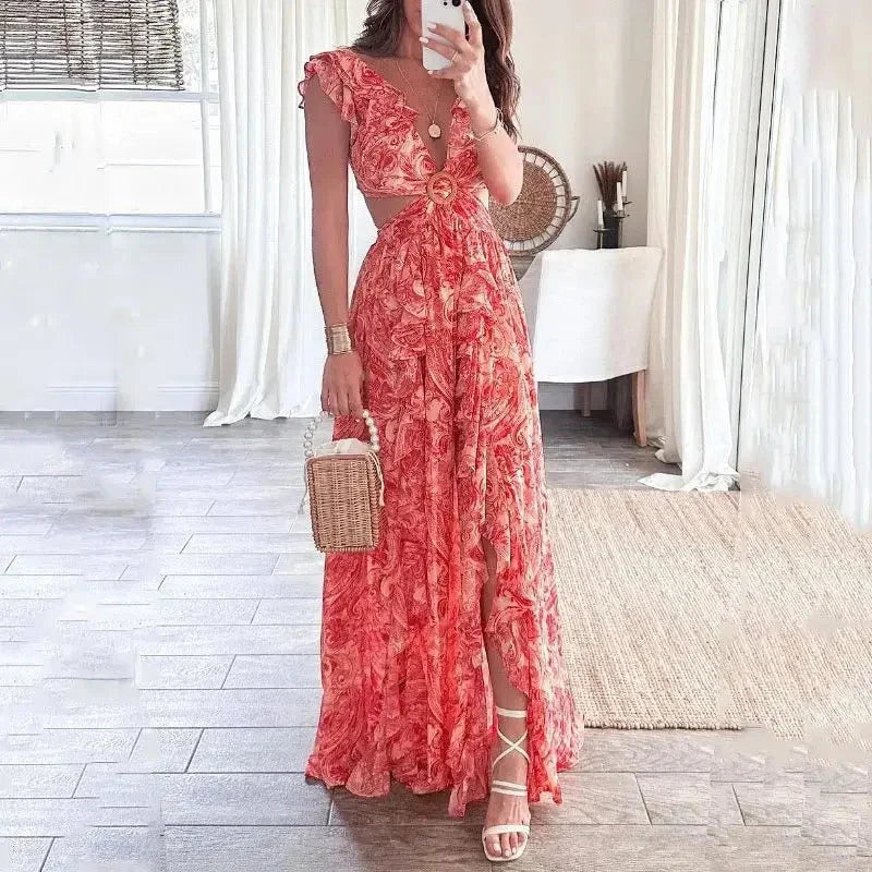 Ginevra | Vestido Comprido Floral Decote em V Recortes Manga Curta Verão