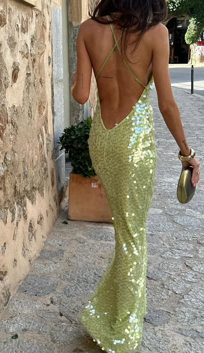 Iolana | Vestido Comprido Glam com Lantejoulas Decote Redondo Alças Finas Costas Decotadas Noite