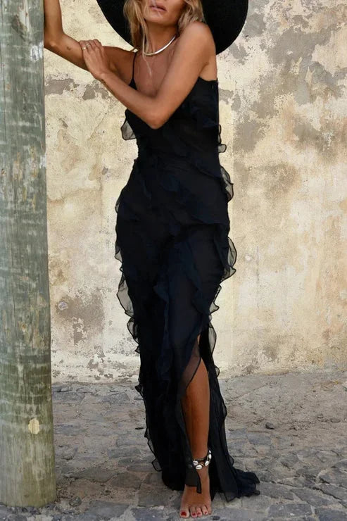 Rosalba | Vestido Comprido Boho em Chiffon com Folhos Decote em V Racha Alta Verão