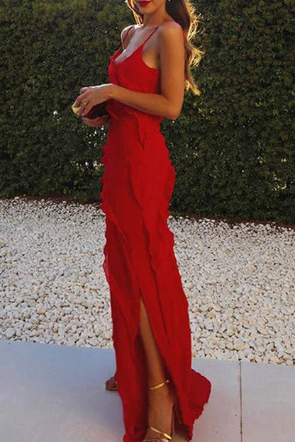 Rosalba | Vestido Comprido Boho em Chiffon com Folhos Decote em V Racha Alta Verão