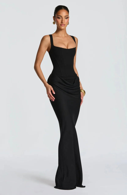 Galatea | Vestido Comprido Elegante em Cetim Decote Quadrado Justo Costas Decotadas