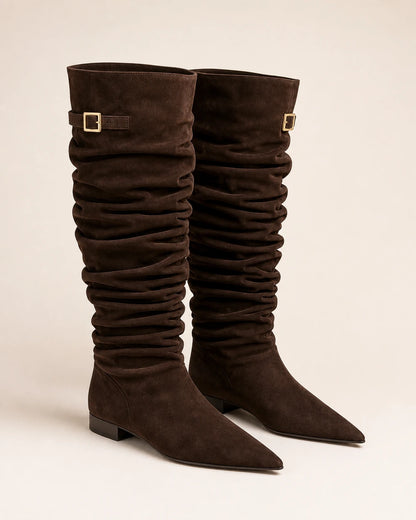 Women's dark-brown suede-effect ruched knee-high boots, product-only pair.