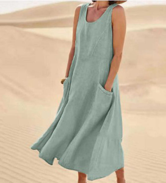 Melisande | Vestido Maxi em Linho Decote Redondo Largo
