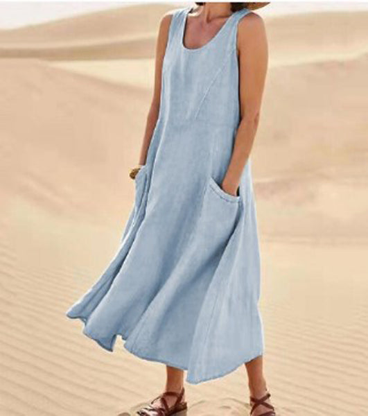 Melisande | Vestido Maxi em Linho Decote Redondo Largo
