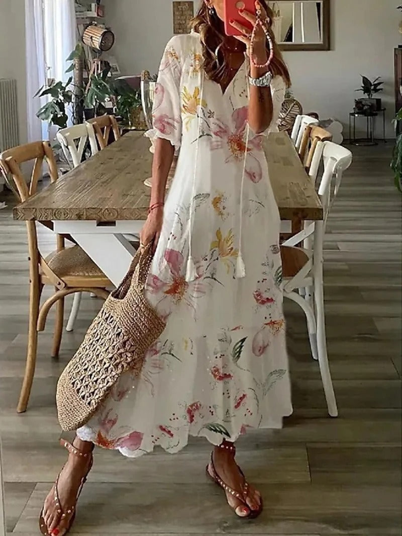 Isadora | Vestido Maxi Boho Floral de Verão com Botões