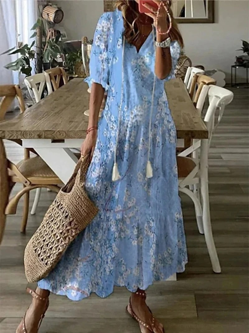 Isadora | Vestido Maxi Boho Floral de Verão com Botões