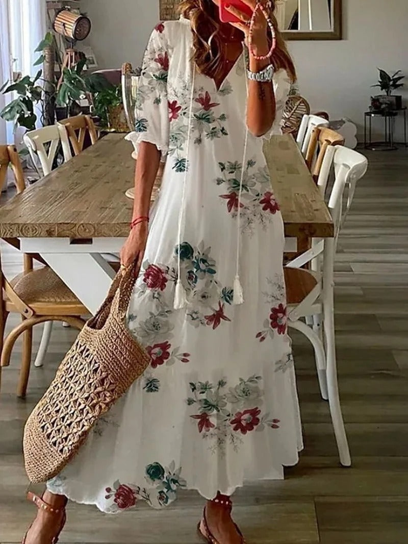 Isadora | Vestido Maxi Boho Floral de Verão com Botões