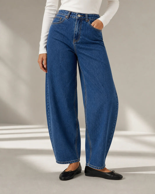 Jeans barrel de mulher de cintura subida azul médio — image