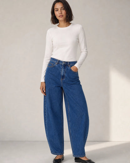 Jeans barrel de mulher de cintura subida azul médio — image