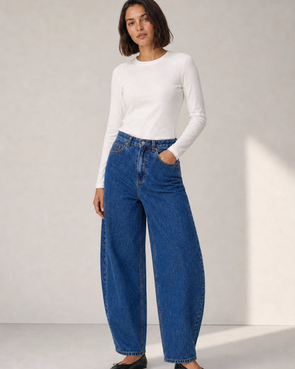 Jeans barrel de mulher de cintura subida azul médio — image