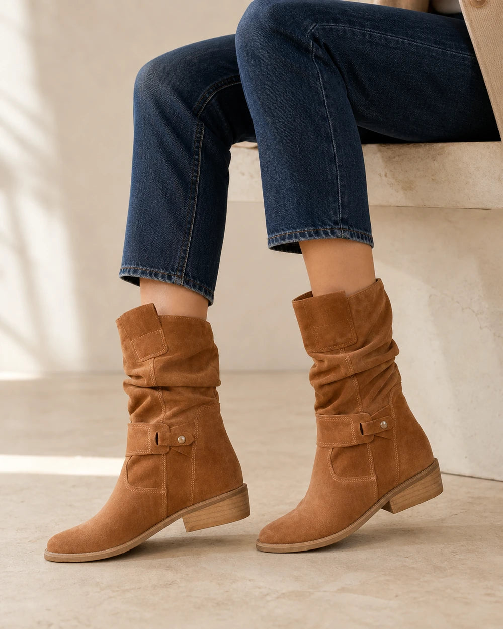 Botins de senhora Emilia em acabamento de camurça com cano franzido — image 7